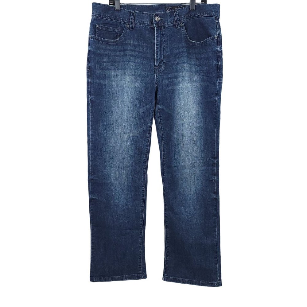 TK Axel Slim Straight Jeans Men Size 36 x 31 Altered Hem Stretch Dark Wash Denim
